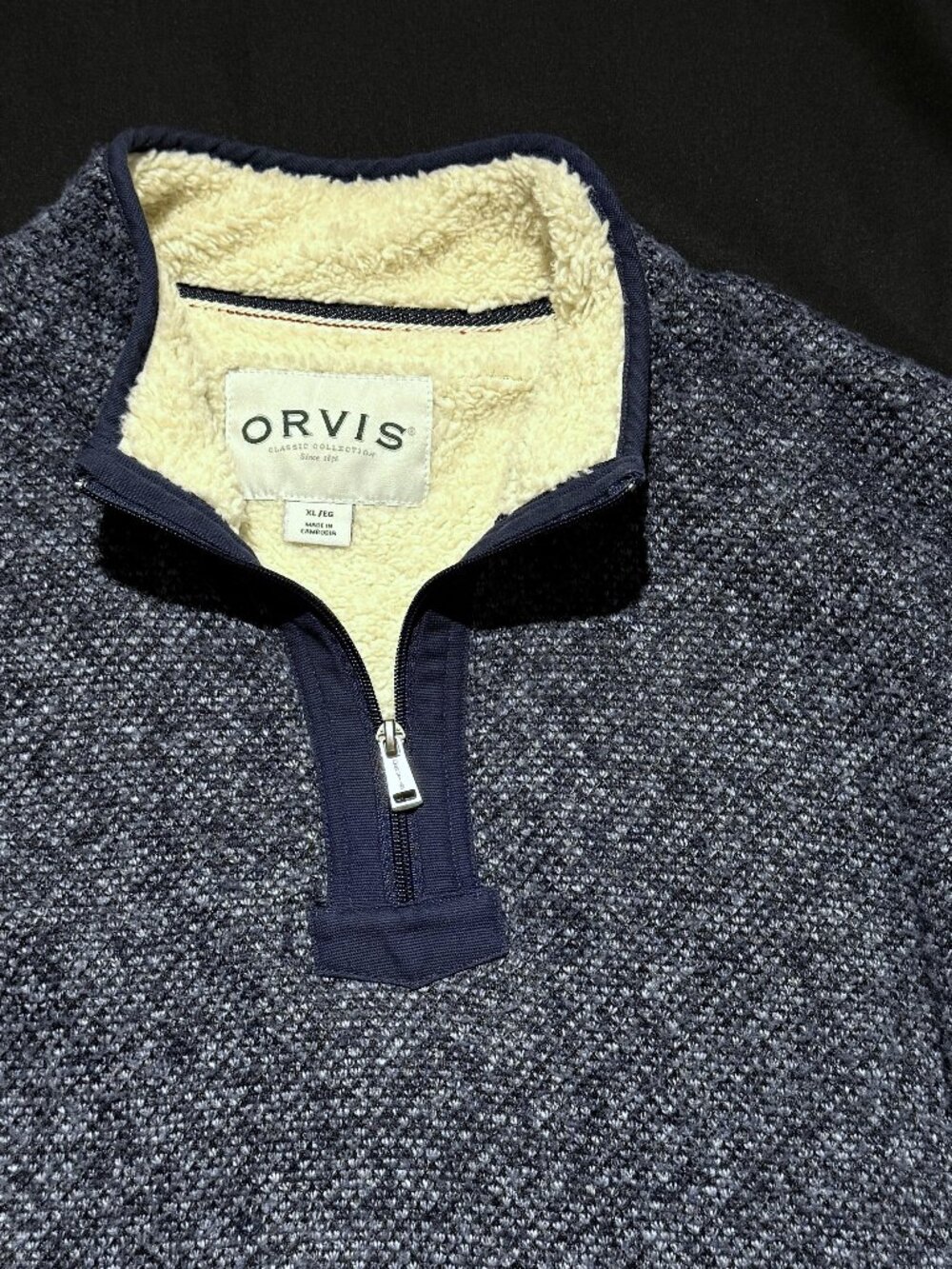 Orvis "Brighton" Men's Quarter-Zip Sherpa-Lined Pullover Sweater XL Blue Preppy